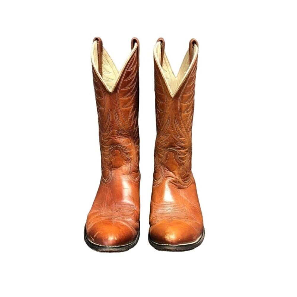Acme Men's Brown Leather Block Heel Pull-On Cowboy Western Boots  Size‎ 10D VTG.